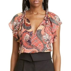 A.L.C. Graphic Print Ruffle Sleeve Silk Blouse